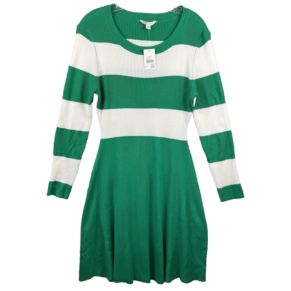 Cato NWT Rugby Stripe Sweater Dress  Womens L Rib Knit Fit & Flare Kelly Green